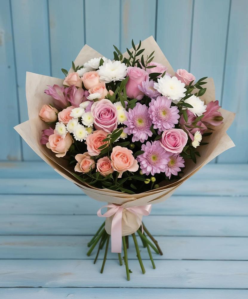 Букет цветов из: Хризантемы, Розы и Альстромерии в Михайловка Башкортостан