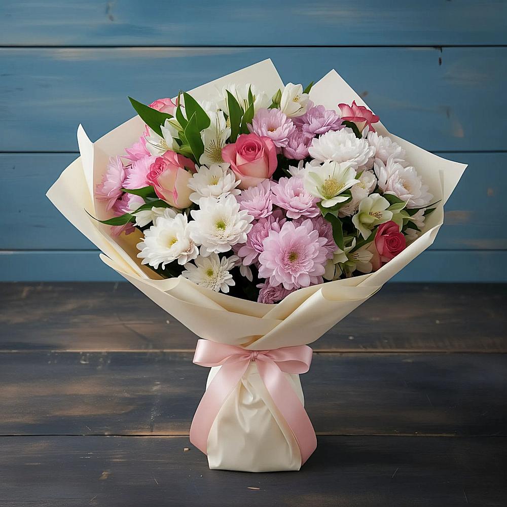 Букет цветов из: Хризантемы, Альстромерии и Розы в Михайловка Башкортостан